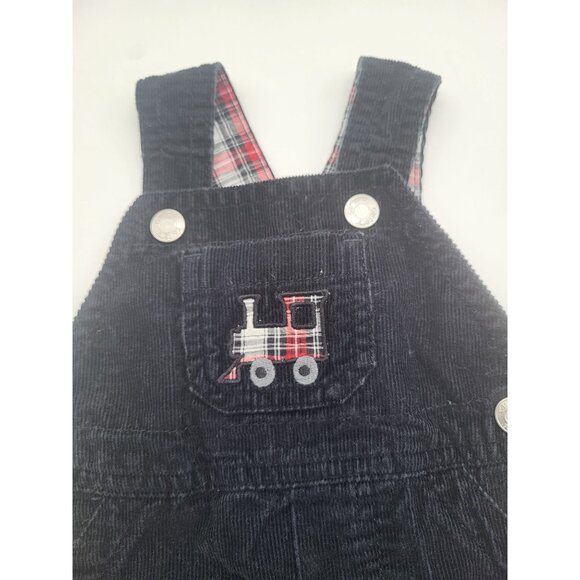 Carter's Baby Boy 3M Corduroy Plaid Overalls Black Red Train Holiday - Picture 3 of 6